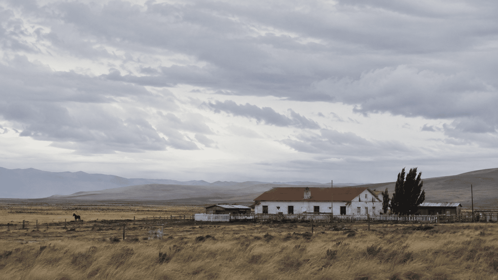 Estancia isolata nella steppa patagonica con cielo ampio e paesaggio rurale