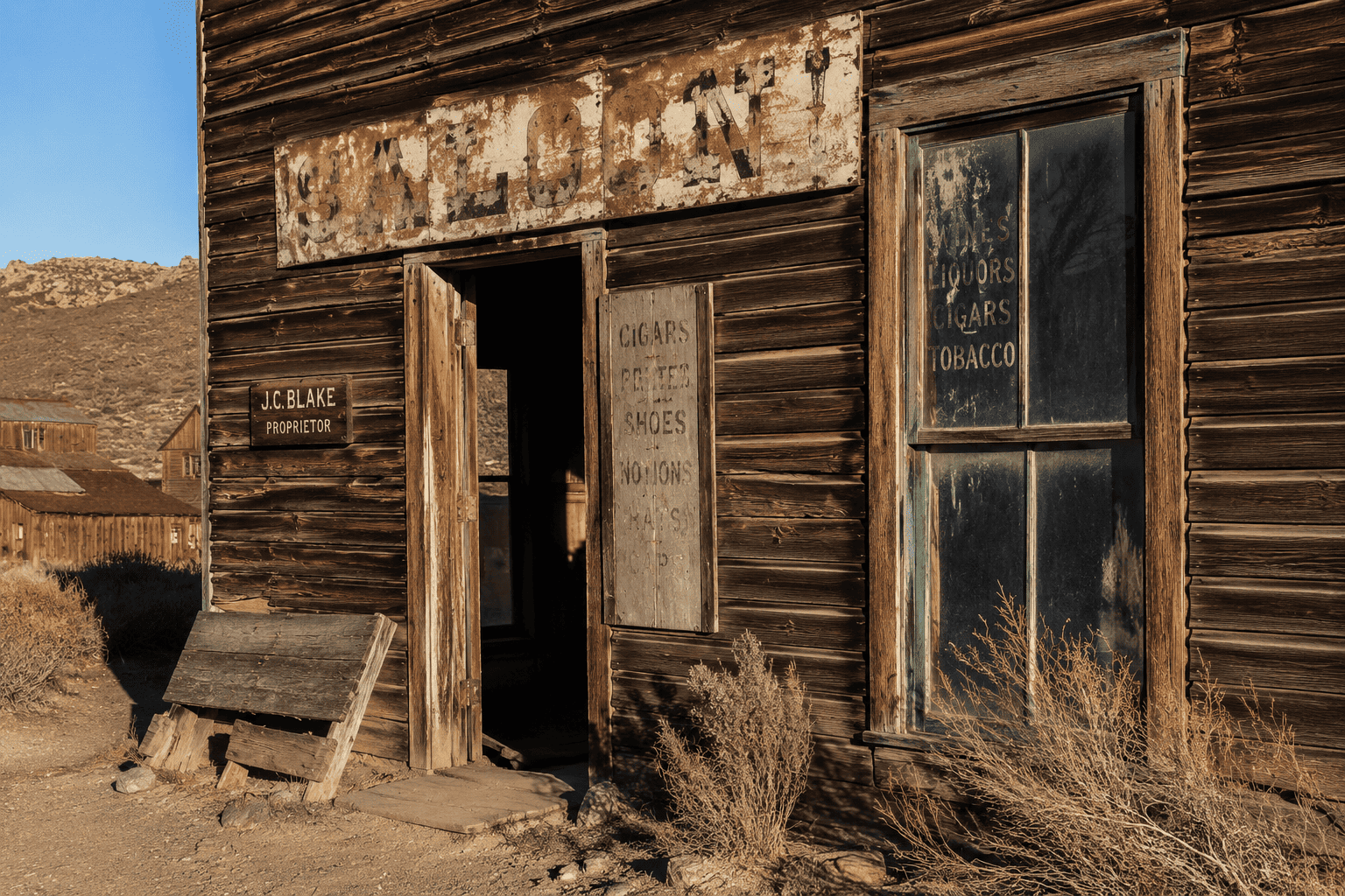 Dettaglio di edificio abbandonato in una ghost town del Far Wes