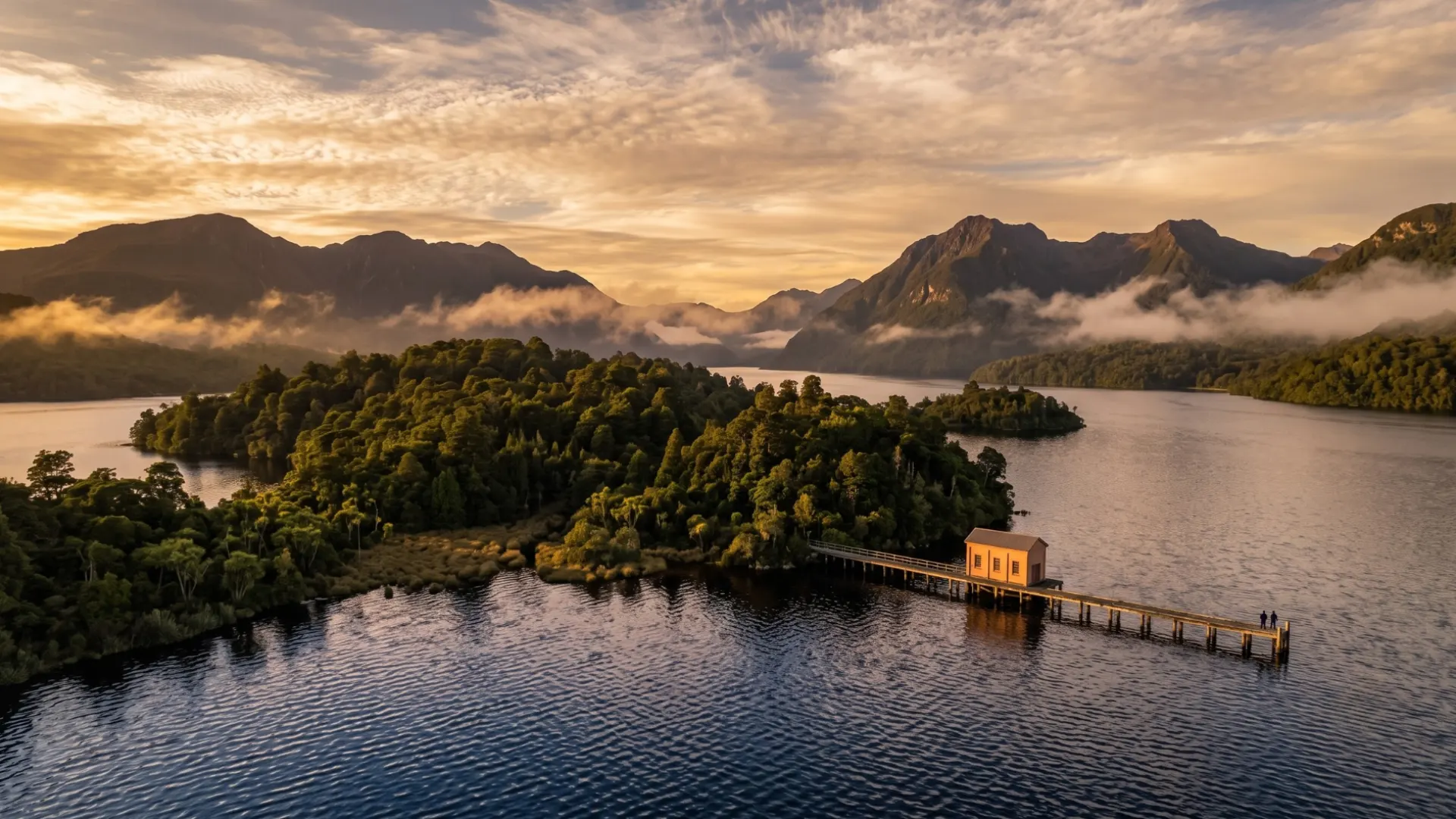 Paesaggio selvaggio della Tasmania con lago, foreste fitte, montagne e luce calda al tramonto