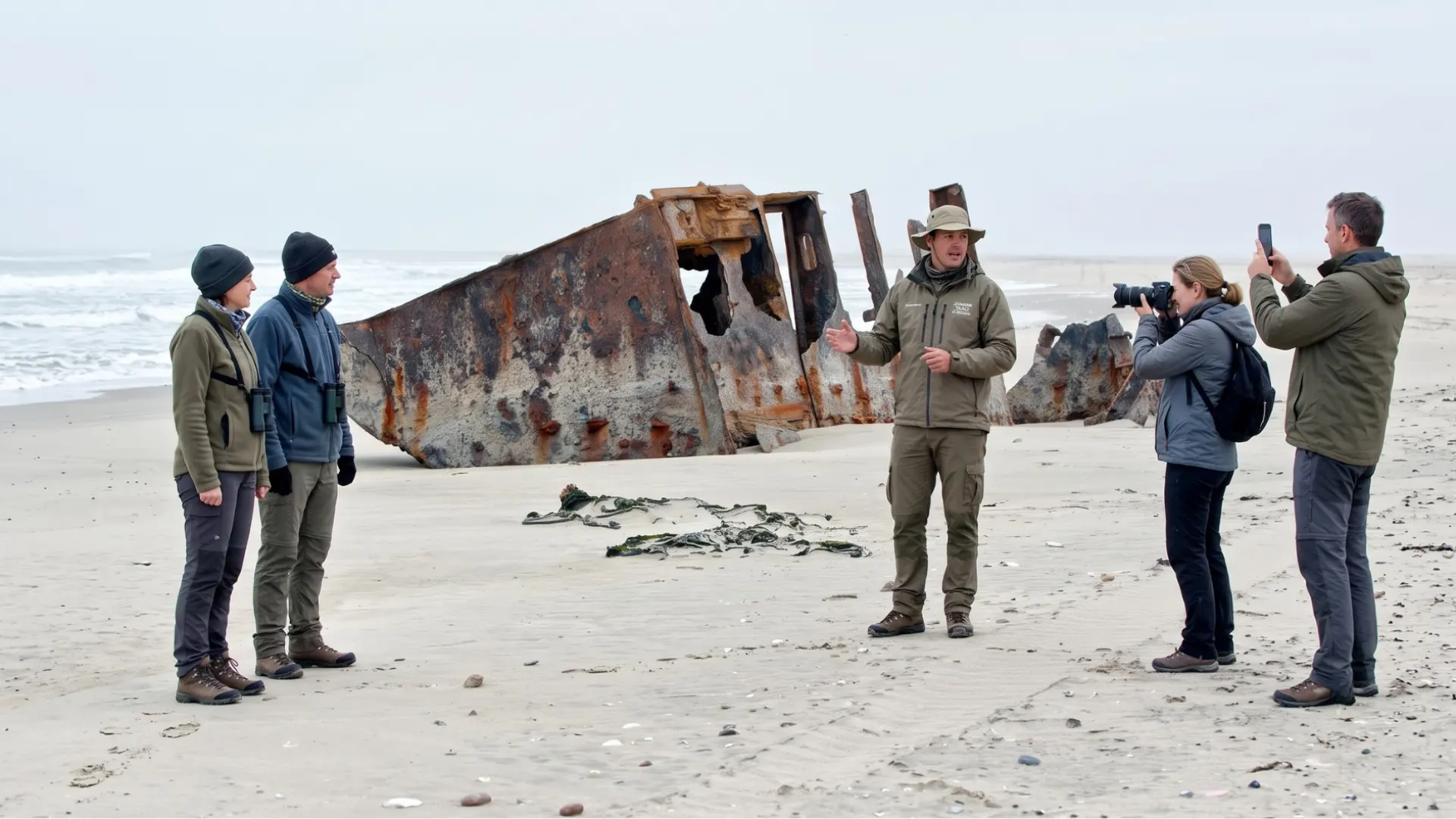 relitti sulla skeeton coast namibia con persone che visitano il luogo